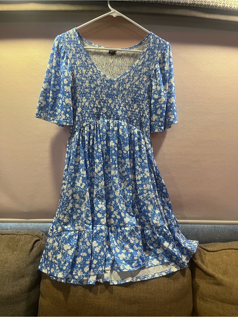 Blue Floral Smocked V-Neck Women's Dress